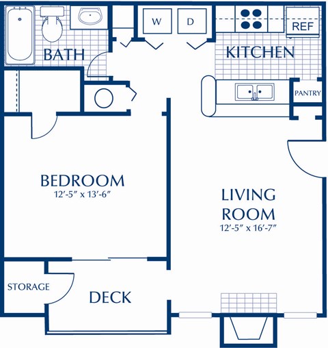 Floor plan for 1 bed, 1 bath, 698 sqft