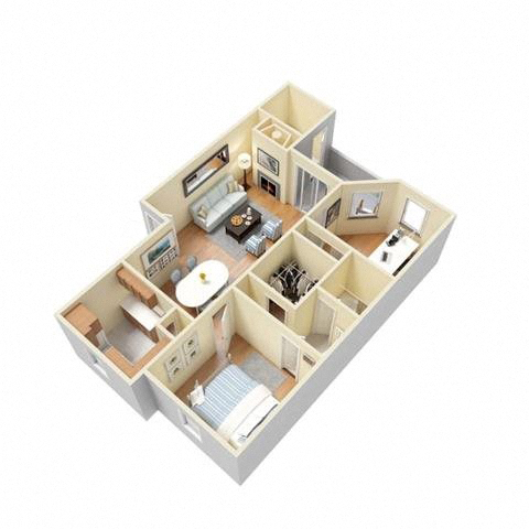 Floor plan for 2 beds, 1 bath, 885 sqft