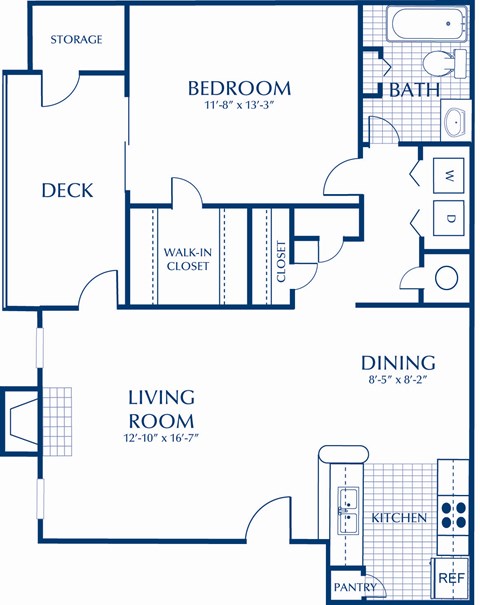 Floor plan for 1 bed, 1 bath, 872 sqft