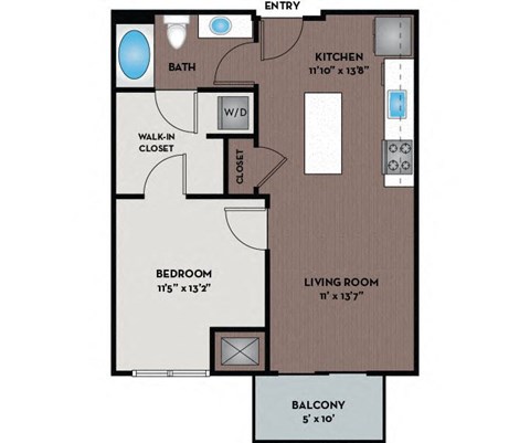 Floor plan for 1 bed, 1 bath, 670 sqft