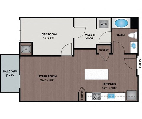Floor plan for 1 bed, 1 bath, 736 sqft