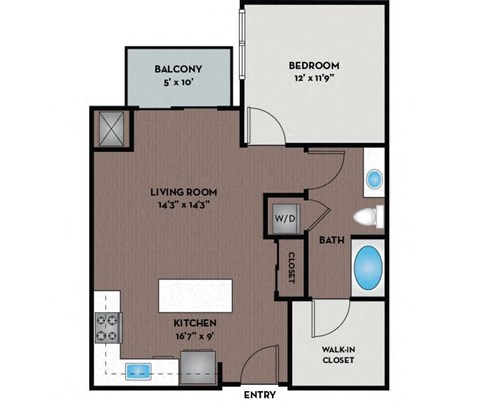 Floor plan for 1 bed, 1 bath, 744 sqft