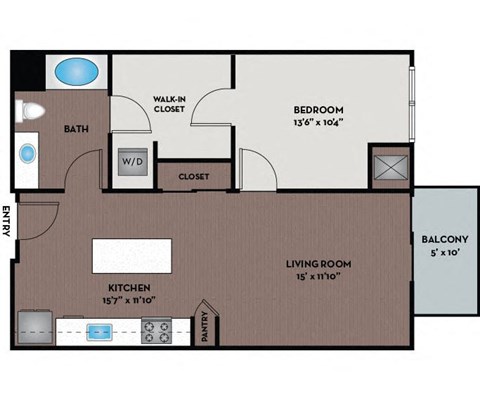 Floor plan for 1 bed, 1 bath, 746 sqft