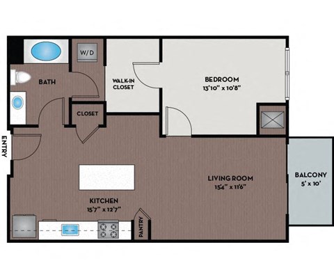 Floor plan for 1 bed, 1 bath, 753 sqft