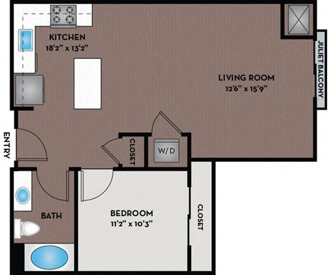 Floor plan for 1 bed, 1 bath, 774 sqft
