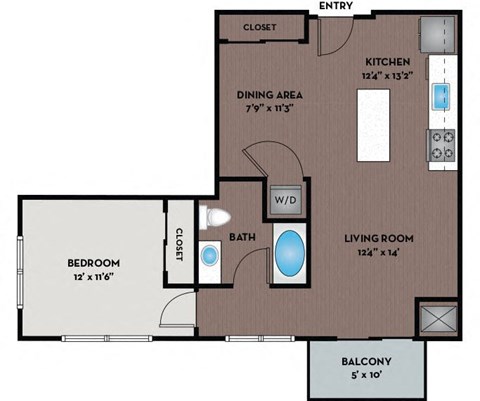 Floor plan for 1 bed, 1 bath, 805 sqft