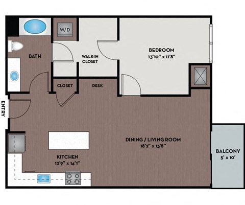 Floor plan for 1 bed, 1 bath, 855 sqft
