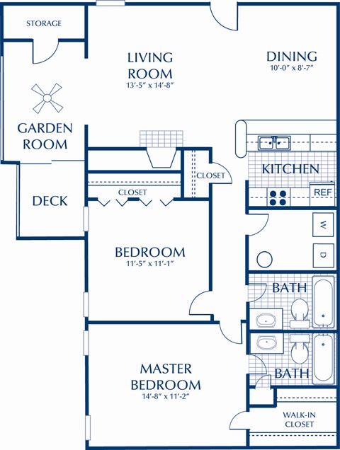 Floor plan for 2 beds, 2 baths, 1142 sqft