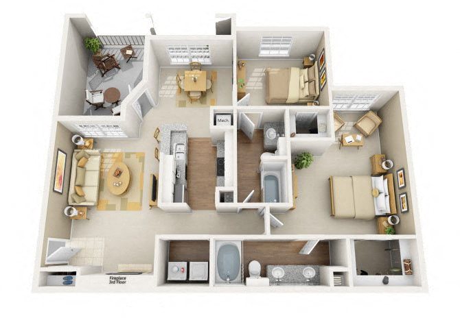 Floor plan for 2 beds, 2 baths, 1123 sqft