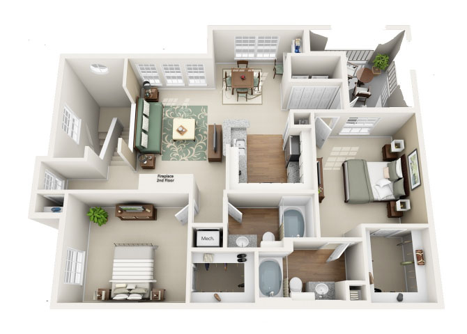 Floor plan for 2 beds, 2 baths, 1237 sqft