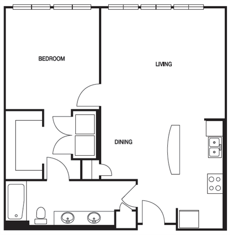 Floor plan for 1 bed, 1 bath, 866 sqft