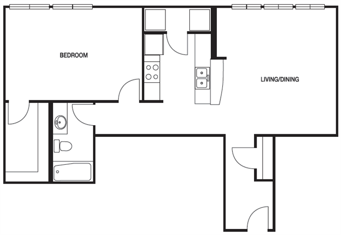 Floor plan for 1 bed, 1 bath, 870 sqft