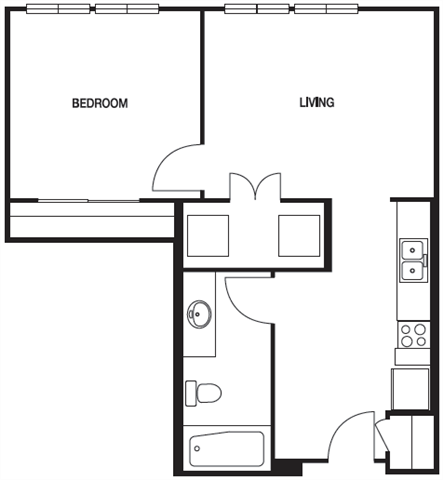 Floor plan for 1 bed, 1 bath, 602 sqft