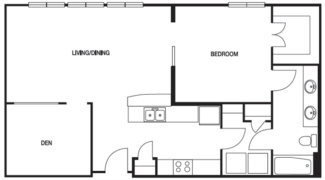 Floor plan for 1 bed, 1 bath, 899 sqft