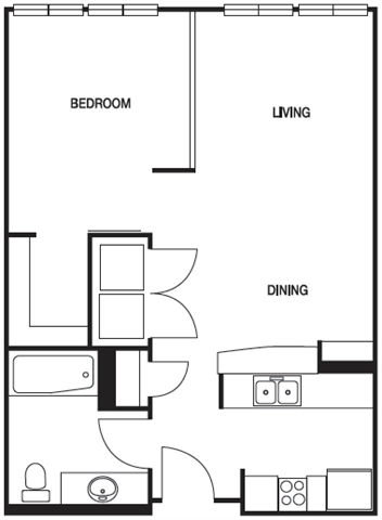 Floor plan for 1 bed, 1 bath, 753 sqft