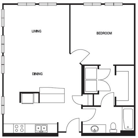 Floor plan for 1 bed, 1 bath, 856 sqft