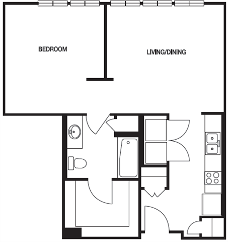Floor plan for 1 bed, 1 bath, 712 sqft