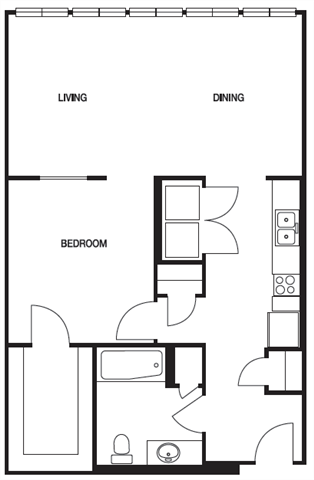 Floor plan for 1 bed, 1 bath, 795 sqft