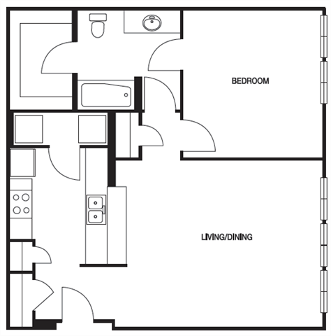 Floor plan for 1 bed, 1 bath, 846 sqft