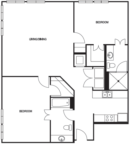Floor plan for 2 beds, 2 baths, 1338 sqft