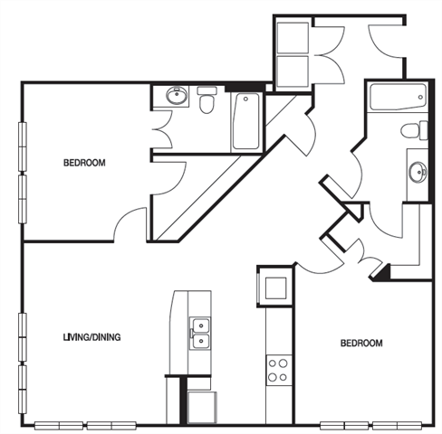 Floor plan for 2 beds, 2 baths, 1086 sqft