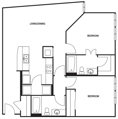 Floor plan for 2 beds, 2 baths, 1216 sqft