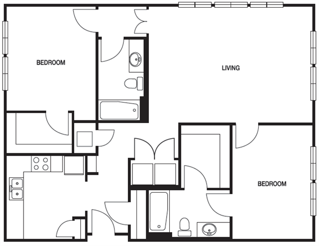 Floor plan for 2 beds, 2 baths, 1128 sqft