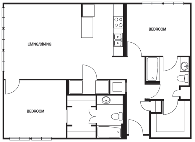 Floor plan for 2 beds, 2 baths, 1184 sqft