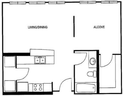 Floor plan for studio, 1 bath, 633 sqft