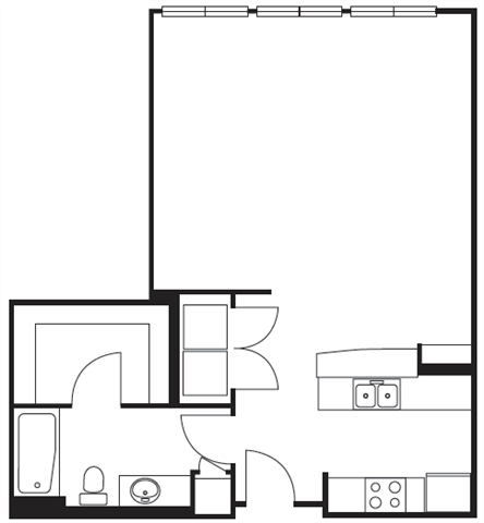Floor plan for studio, 1 bath, 648 sqft
