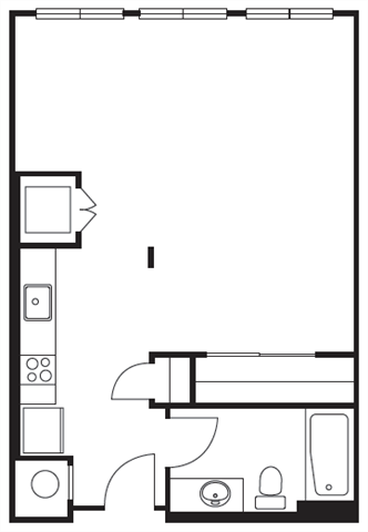 Floor plan for studio, 1 bath, 608 sqft