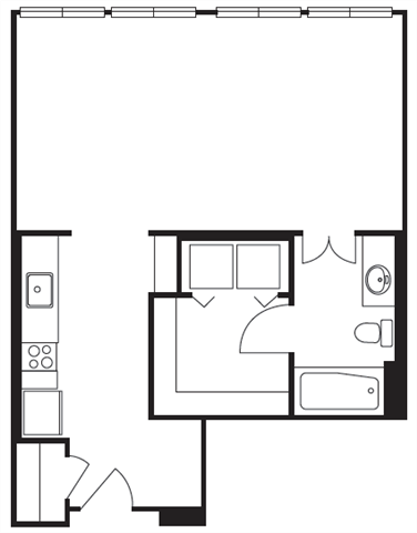 Floor plan for studio, 1 bath, 586 sqft
