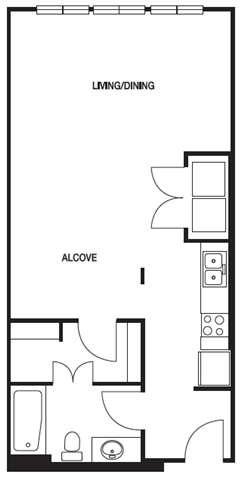 Floor plan for studio, 1 bath, 645 sqft