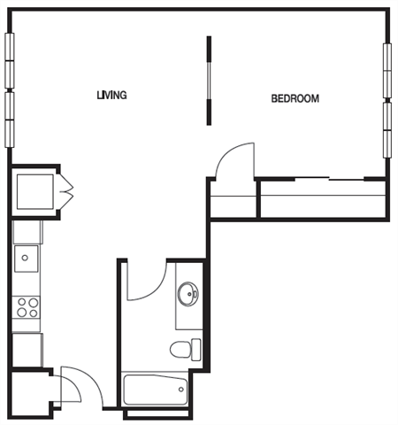 Floor plan for studio, 1 bath, 590 sqft