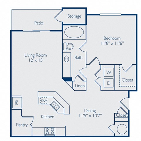 Floor plan for 1 bed, 1 bath, 911 sqft