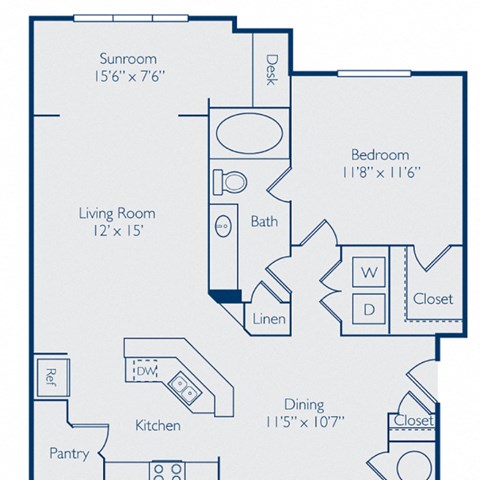 Floor plan for 1 bed, 1 bath, 958 sqft