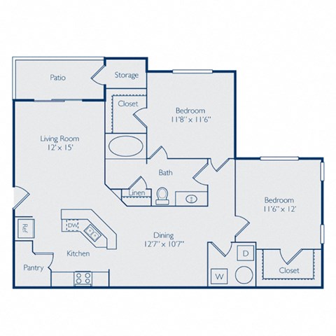 Floor plan for 2 beds, 1 bath, 1145 sqft
