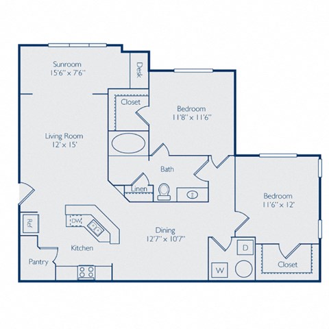 Floor plan for 2 beds, 1 bath, 1160 sqft