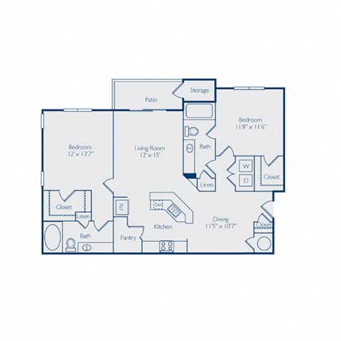 Floor plan for 2 beds, 2 baths, 1225 sqft