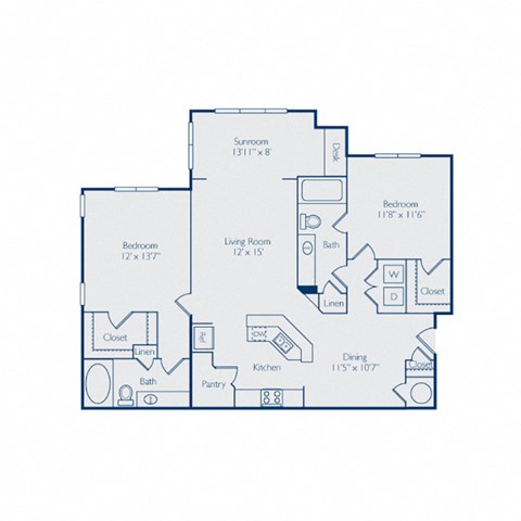 Floor plan for 2 beds, 2 baths, 1266 sqft