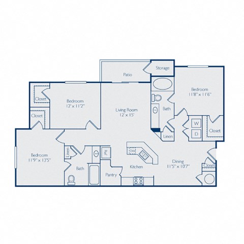 Floor plan for 3 beds, 2 baths, 1384 sqft