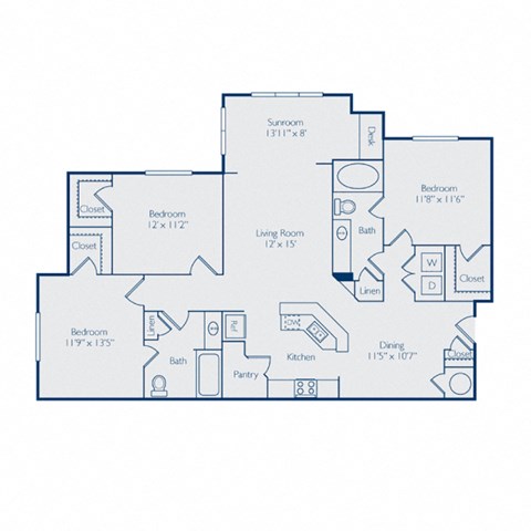 Floor plan for 3 beds, 2 baths, 1433 sqft