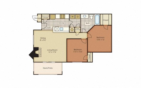 Floor plan for 2 beds, 1 bath, 903 sqft