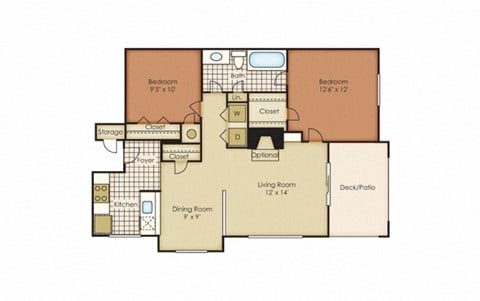 Floor plan for 2 beds, 1 bath, 867 sqft