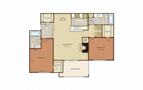 Floor plan for 2 beds, 2 baths, 1027 sqft