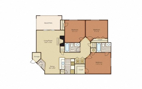 Floor plan for 3 beds, 2 baths, 1143 sqft