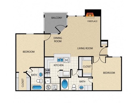 Floor plan for 2 beds, 2 baths, 1010 sqft