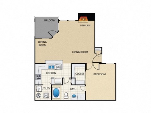 Floor plan for 1 bed, 1 bath, 749 sqft