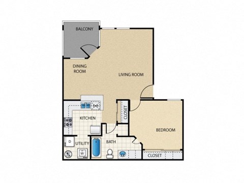 Floor plan for 1 bed, 1 bath, 644 sqft