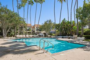 San Clemente apartment for rent - A swimming pool surrounded by palm trees and lounge chairs.